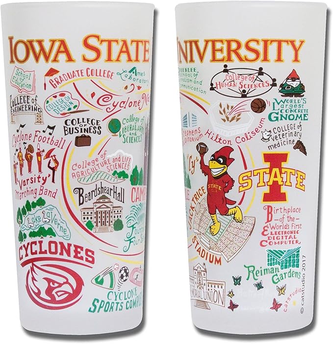 Catstudio Drinking Glass, Iowa State University Glass Cup for Kitchen, 15oz Dishwasher Safe Tumbler for ISU Alumni