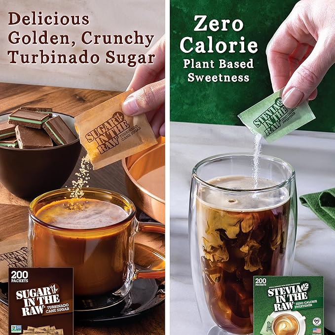 In the Raw Sugar and Stevia Sweetener Bundle – 200 Turbinado Sugar Packets + 200 Stevia Packets (2 Piece Set)