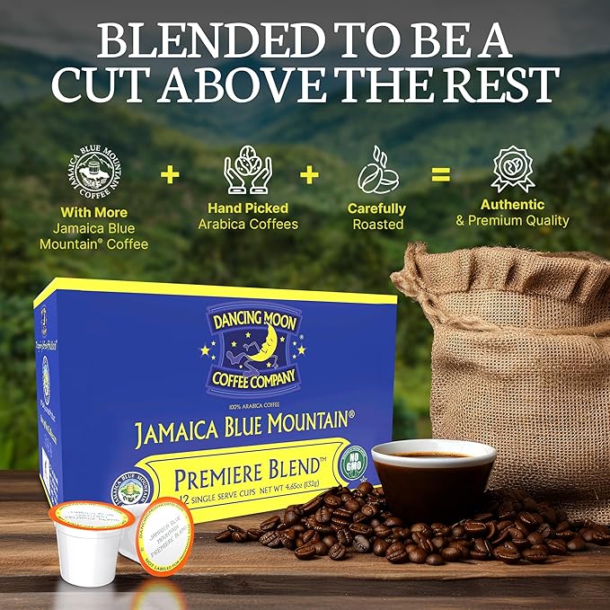 Dancing Moon Coffee Pods - Premiere Blend Jamaica Blue Mountain Coffee Beans, Medium Roast, Compatible with Keurig KCup Brewers, Small-Batch Crafted