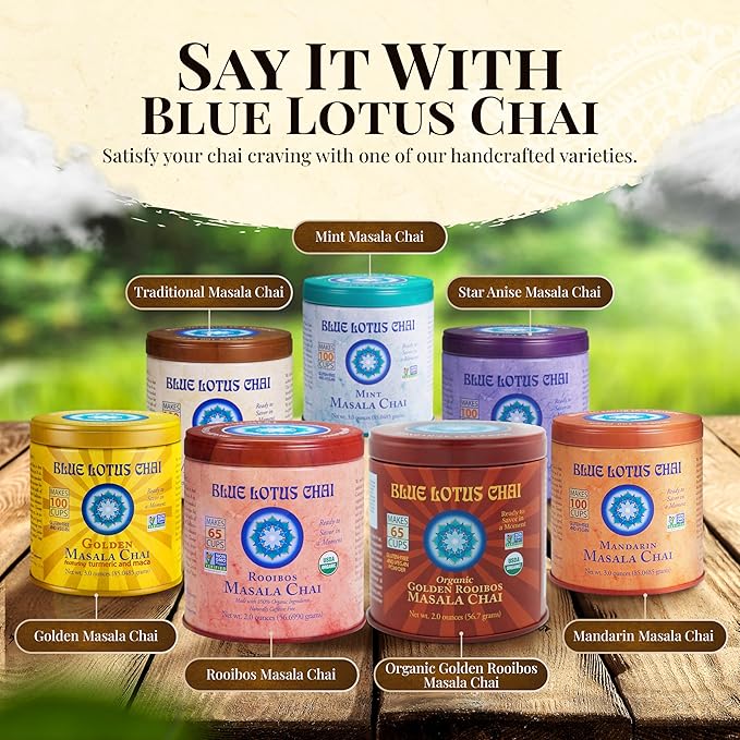Blue Lotus Chai - Golden Rooibos Flavor Masala Chai - Makes 65 Cups - 2 Ounce Masala Spiced Chai Powder with Organic Spices - Instant Indian Tea No Steeping - No Gluten