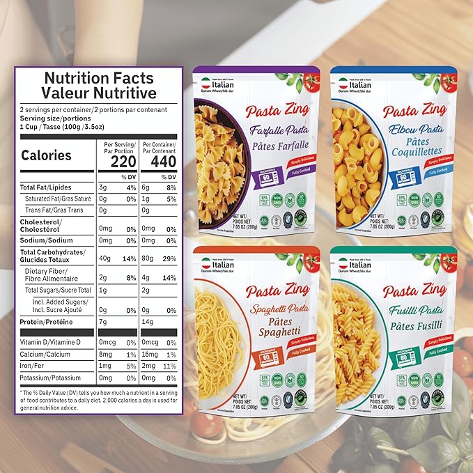 Pasta Zing Microwavable Variety Pasta Pack of 7 | 2x Farfalle | 3x Spaghetti, 1x Fusilli Pasta, 1x Elbow | Microwave Pasta Ready To Eat in 60 Sec - Fully Cooked -100% Durum Wheat 7.05 Ounce