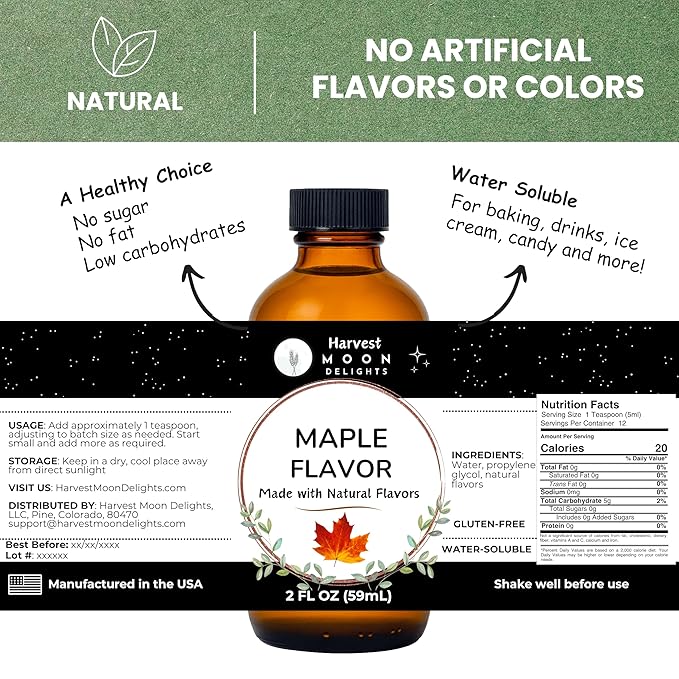 Natural Maple Extract for Baking, Ice Cream, Drinks, and Candy - 2 oz - Water-Soluble - By Harvest Moon Delights - Flavoring, Flavor