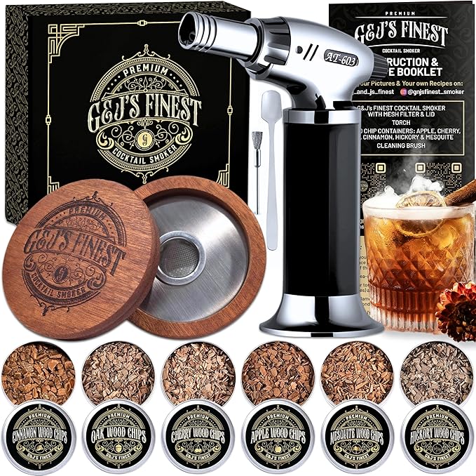 Whiskey Smoker Kit | Cocktail Smoker Kit| Bourbon Smoker Kit| Old Fashioned Smoker Kit with 3-Flame Torch, 6 Wood Chips & Gift Box for Smoking Drinks| Whiskey Gift for Men (No Butane Incl.)