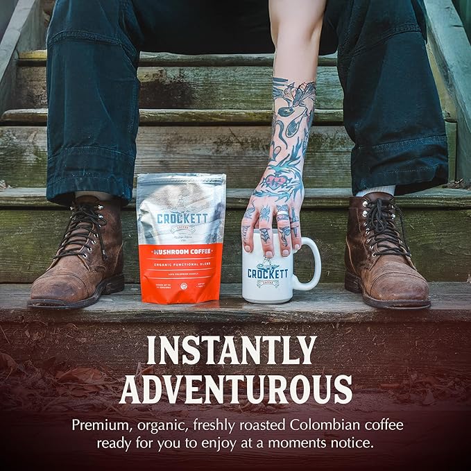 Crockett Coffee Organic Mushroom Coffee with MCT Oil | Antioxidant Rich Functional Blend of 7 Organic Mushrooms for Clear Focus, Gut Health & Clean Energy | Bold American Made Flavor, 30 Servings