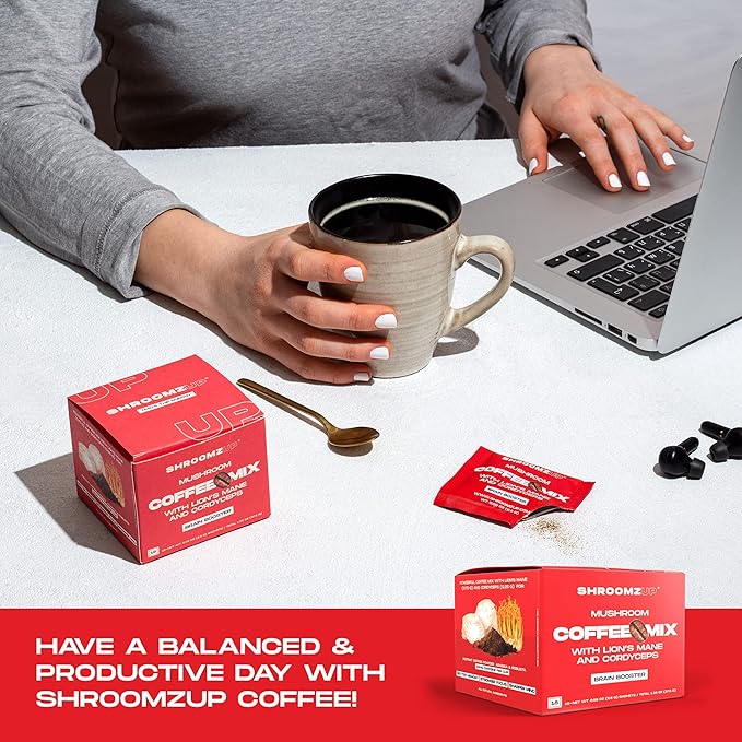 ShroomzUp Vegan Mushroom Coffee, Arabica Instant Coffee Mix With Lions Mane and Cordyceps for Travel, Better Focus, Energy, and Productivity, 15 Packets