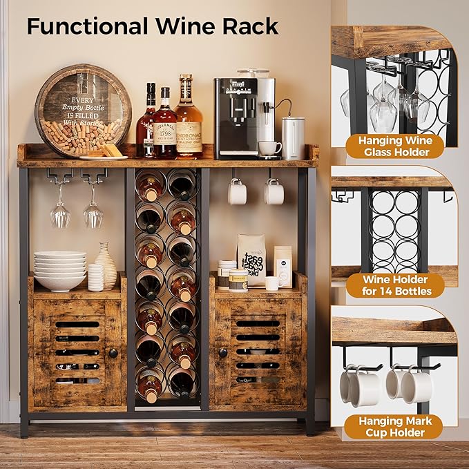 IRONCK Bar Cabinet, Liquor Cabinet Bar with Storage, Small Wine Bar Cabinet with Wine Glass Holder, Industrial Coffee Bar for Home, Kitchen, Dining Room