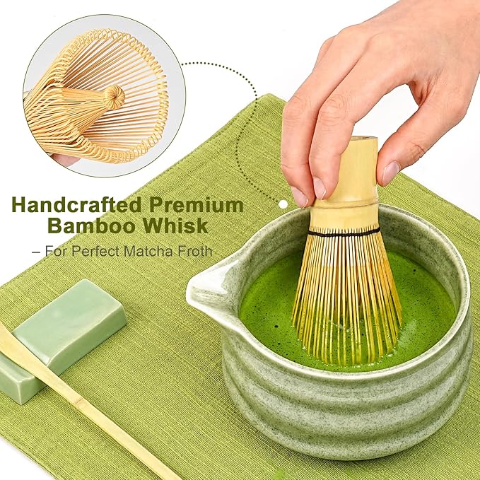 Artisan Ceramic Matcha Set, 7Pcs Japanese Matcha Whisk Kit with Speckled Glaze Bowl, Bamboo Chasen & Sifter - Elegant Tea Ceremony Gifts for Women & Men, Premium Home Essentials (Green)
