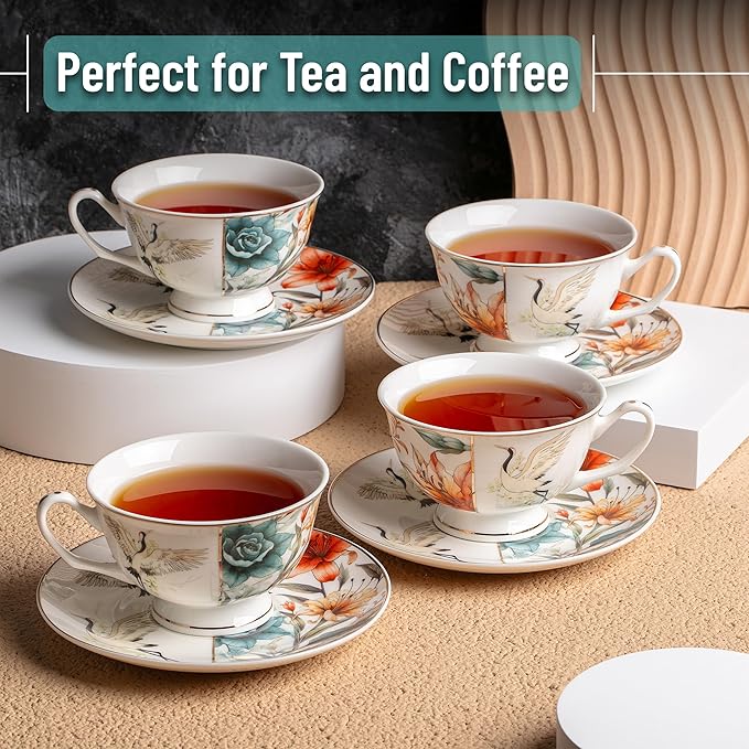 Brew To A Tea Floral Porcelain Tea Cups Set of 4, 8 oz, Cup & Saucer Sets, Tea Cup Set of 4