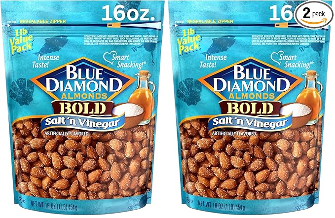 Blue Diamond Almonds Salt N' Vinegar Flavored Snack Nuts, 16 Oz Resealable Bag (Pack of 2)