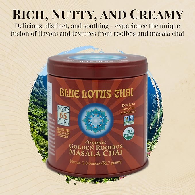 Blue Lotus Chai - Golden Rooibos Flavor Masala Chai - Makes 65 Cups - 2 Ounce Masala Spiced Chai Powder with Organic Spices - Instant Indian Tea No Steeping - No Gluten