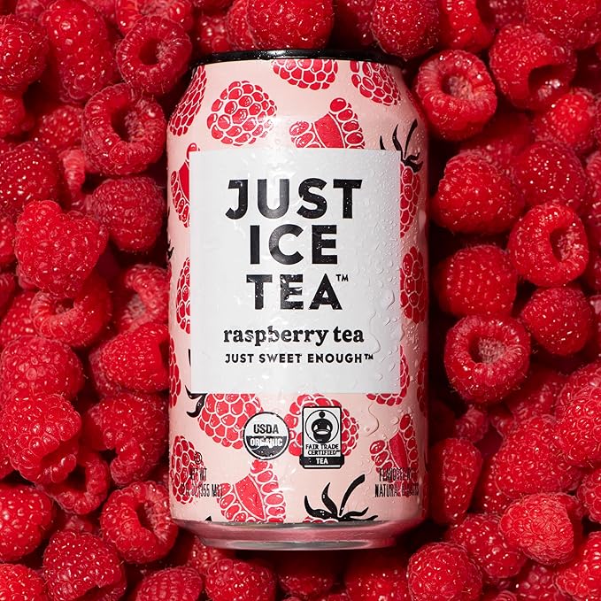 Just Ice Tea, Raspberry Flavored Black Iced Tea, 12-Pack (12oz Cans), USDA Certified Organic, Low Calorie, No Artificial Sweeteners, Fair Trade, Made in USA.