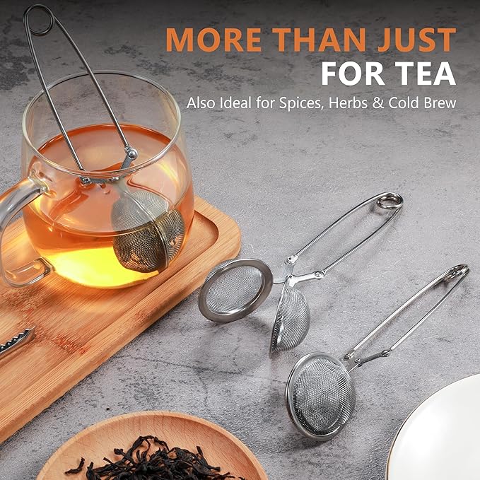 Tea Infuser Set of 3 with Handle – 304 Stainless Steel Tea Ball Strainers for Loose Leaf Tea – Bonus Tea Scoop Clip – Fine Mesh, Rustproof, Easy to Use