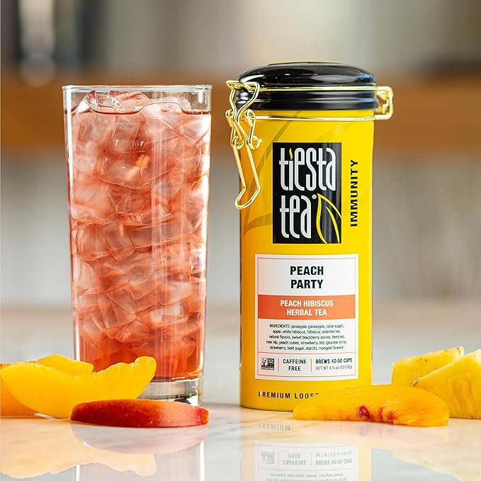 Tiesta Tea - Peach Party, Loose Leaf, Peach Hibiscus Herbal Infusion, Premium Blend, Non-Caffeinated Fruit Tea, Makes Hot or Iced & Up to 50 Cups, 4.5oz Refillable Tin