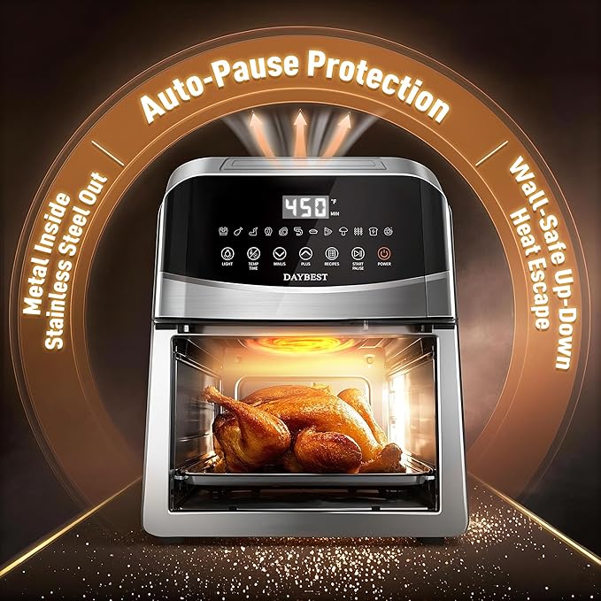 6QT Stainless Steel Air Fryer Ceramic 12 in 1, Dual-Blazes in Metal Housing, 2-3 Servings Visible 8.27" Basket with Teflon-Free Premium Coating, 1700W, DAYBEST Dishwasher Safe Kits (Stainless Steel)