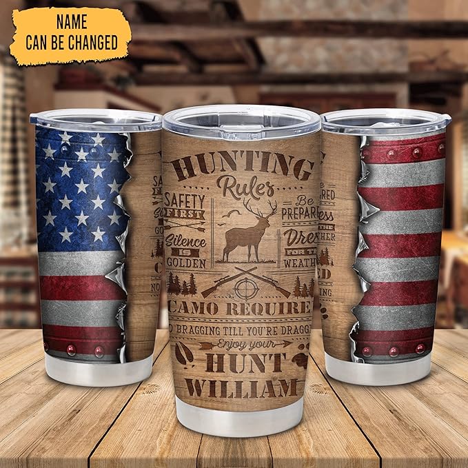 Hyturtle Personalized Hunting Gifts For Men - Deer Hunting Rules Tumbler 20 Oz Travel Coffee Mug Stainless Steel - Fathers Day Gift For Dad, Him, Boy, Husband, Hunters On Birthday, Christmas