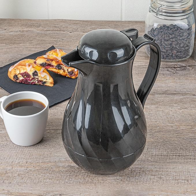 Restaurantware-Restpresso 42 Ounce Coffee Carafe, 1 Insulated Coffee Server - Push-Button Top, Swirl Design, Black Plastic Pitcher, Built-In Handle, With Identification Tags