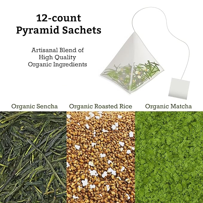 SUGIMOTO TEA Japanese Organic Matcha Genmaicha Tea Bags 12 Count Pack of 1