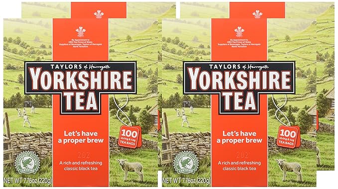 Yorkshire Tea, Red, Black Tea, String and Tagged Bags, 100 Count (Pack of 4), Refreshing, Satisfying, and Strong, Classic British Breakfast Blend, Caffeinated, Enjoy Hot or Iced, 400 Teabags Total