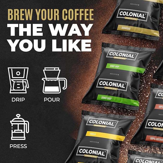 Colonial Coffee 32 Count Single Pot Coffee Packets – 100% Arabica Vanilla Flavored Medium Roast | Pre-Measured Frac Packs for 12 Cup Maker | Bulk Ground Gourmet Coffee for Home & Office