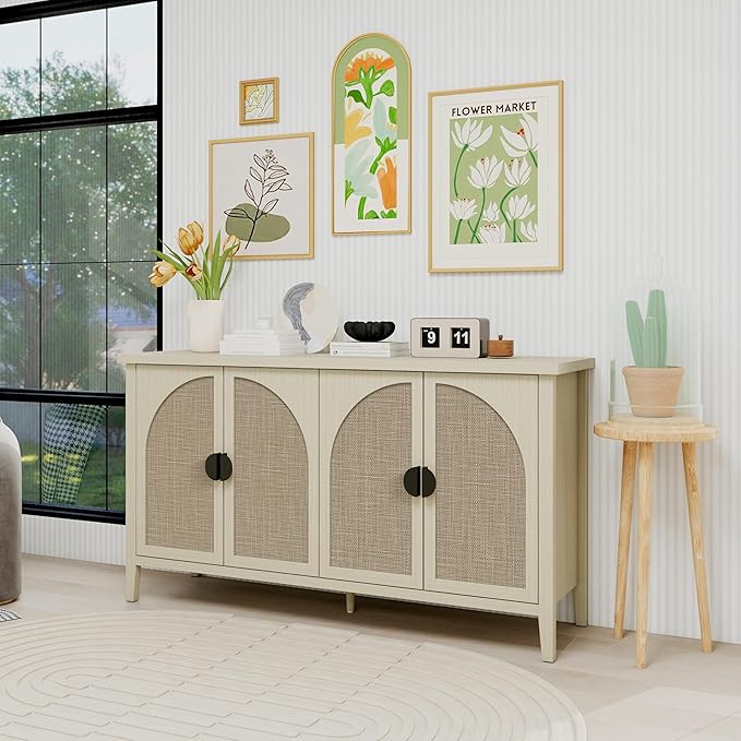 Sideboard Buffet Cabinet, 4-Door Rattan Storage Cabinet, Coffee Bar with Adjustable Shelf, Accent Furniture for Living Room, Dining Room, Home Office, Natural