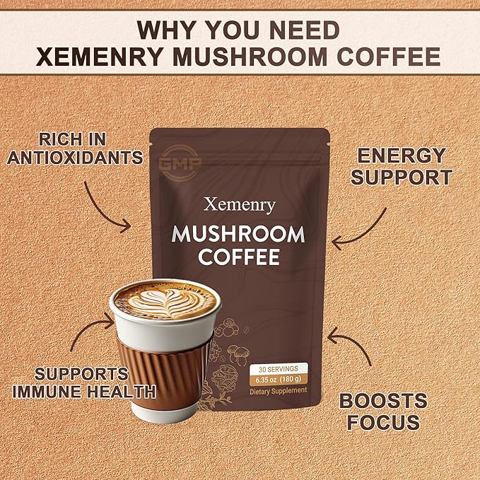 Instant Mushroom Coffee Mix with Lion's Mane, Cordyceps & Turkey Tail | 6-Superfood Blend | Keto & Paleo Friendly | 6.35oz Pouch (30 Servings)