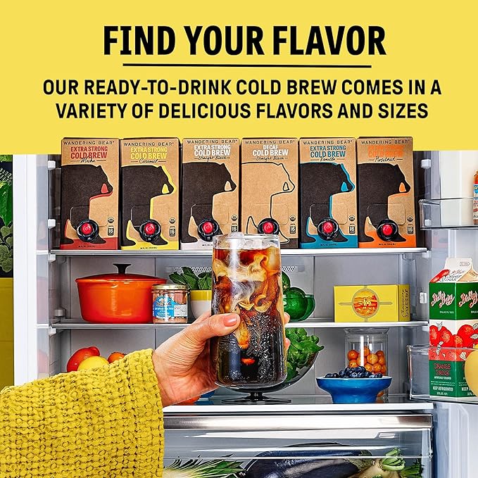Wandering Bear Straight Black Organic Cold Brew Coffee On Tap, Iced Coffee Drink - Extra Strong, Bold, Smooth, No Sugar Added, Shelf-Stable, Ready to Drink, 100% Organic - 128 fl oz (1 gallon)