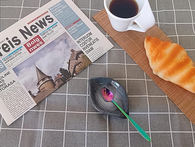 Coffee Spoon and Rest for Coffee Bar Accessories, Leaf Small Spoon Rest for Coffee Station, Tea Spoon Rest Tea Spoon Holder Teaspoon Rest, 1 PC (Retro Volcanic Ash with Rainbow Rose Spoon)