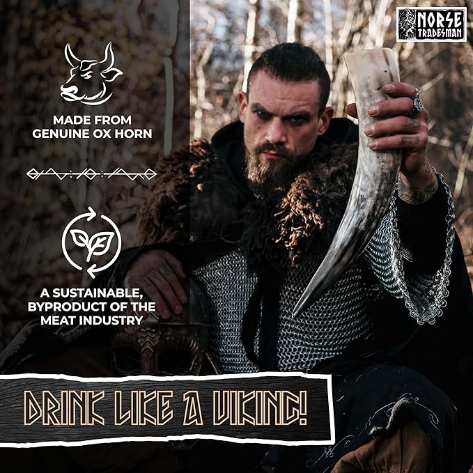 Norse Tradesman Genuine 12" Ox-Horn Viking Drinking Horn with Antique Brass Rim & Wolf Tip, Brown Leather Belt Holster, Fitted Stand & Burlap Gift Sack - The Fenrir, 12-Inches, High Polish