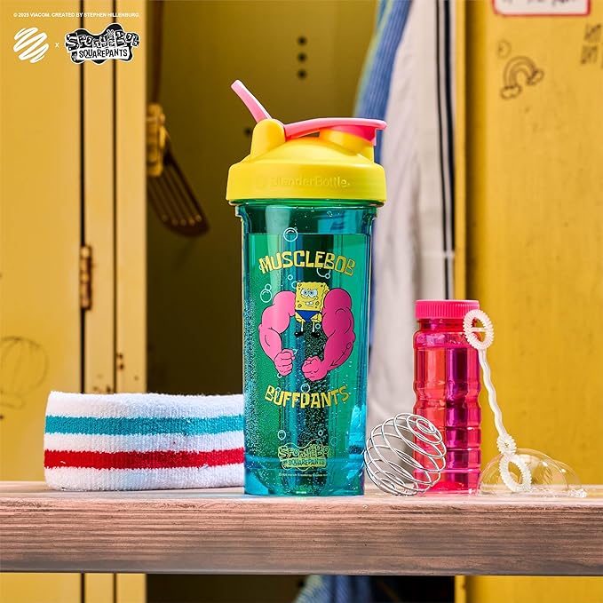 BlenderBottle Spongebob Shaker Bottle Pro Series Perfect for Protein Shakes and Pre Workout, 28-Ounce, Yellow/Blue, Musclebob Buffpants