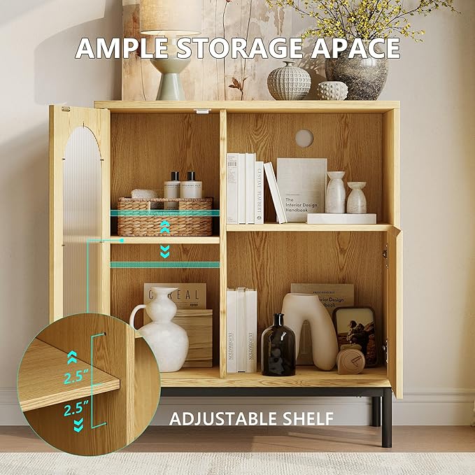 Sideboard Buffet Cabinet with Fluted Glass Doors and Adjustable Shelf, Wood Modern Accent Cabinet with Storage for Kitchen, Living Room, Entryway, Natural
