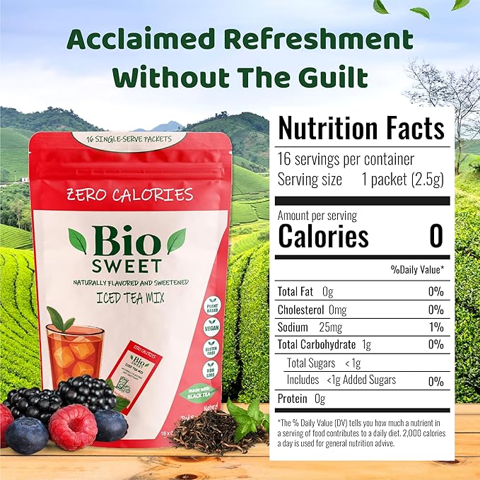 BioSweet Iced Tea Mixes - Red Berries Flavor | Zero Calorie Mix from Real Black Tea | Naturally Sweetened & Flavored | Non GMO, Gluten Free, Vegan (16 single-serve packets)