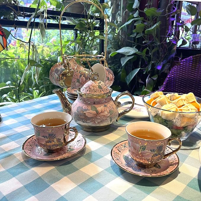 20 Pieces Porcelain Tea Set With Metal Holder, European Ceramic tea set for adults,Flower Tea Set,Tea Set For Women With Flower Painting (Large version, Pink)