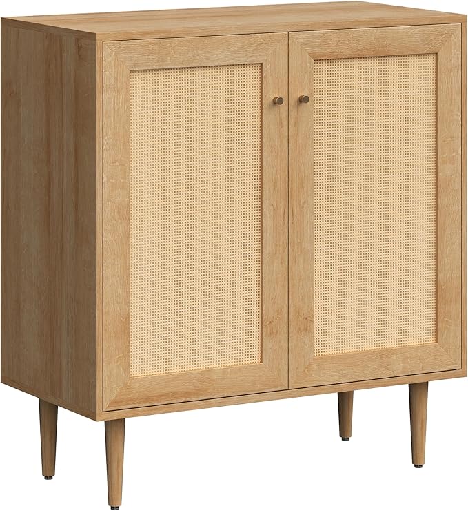 Accent Storage Cabinet Sideboard with Rattan Doors, Boho Buffet Kitchen Bar Cabinet Farmhouse Credenza Cabinets with Adjustable Shelves for Dining Room (Square Doors/Oak)