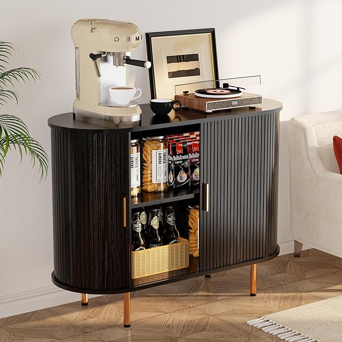 DHH Sideboard Buffet Cabinet with Storage,Mid Century Modern Fluted Accent Coffee Bar Console Table,Tambour Sliding Doors& Adjustable Shelf for Kitchen, Living Room, Entryway (Black, 40 Inch)