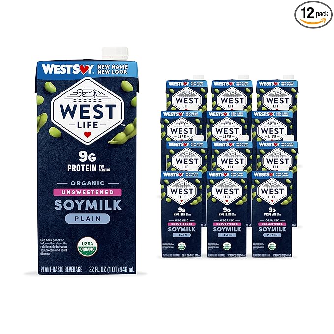 West Life Organic Soy Milk, Unsweetened Plain, Low Sugar, 9g of Protein, Vegan Dairy Alternative, Lactose-Free, Shelf Stable, 32oz (Pack of 12)