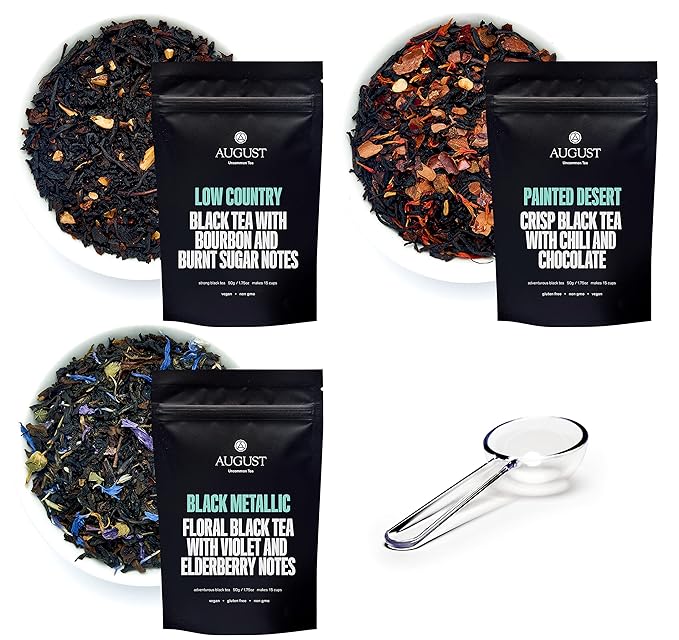 August Uncommon Holiday Tea Sampler – Variety Set of 3 Black Loose Leaf Tea Blends w/Crystal Scoop – Low Country, Painted Desert & Black Metallic – Bold Flavors for Cozy Winter Moments (1.75oz Each)