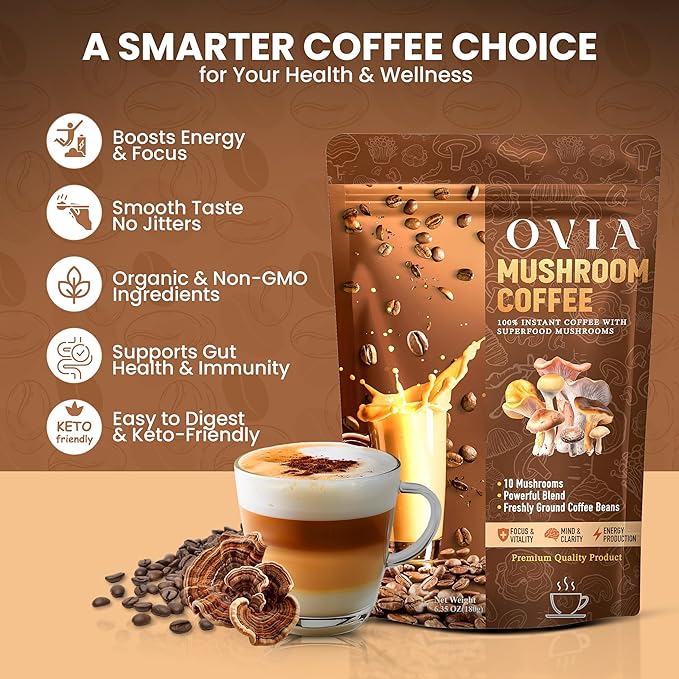 OVIA Natural 10 Mushroom Coffee with 3500mg for Weight Management, Focus & Gut Health - Daily Dose Ten Mushroom Coffee for Clean Energy - Low Caffeine Adaptogenic Instant Coffee with Lion’s Mane,Chaga