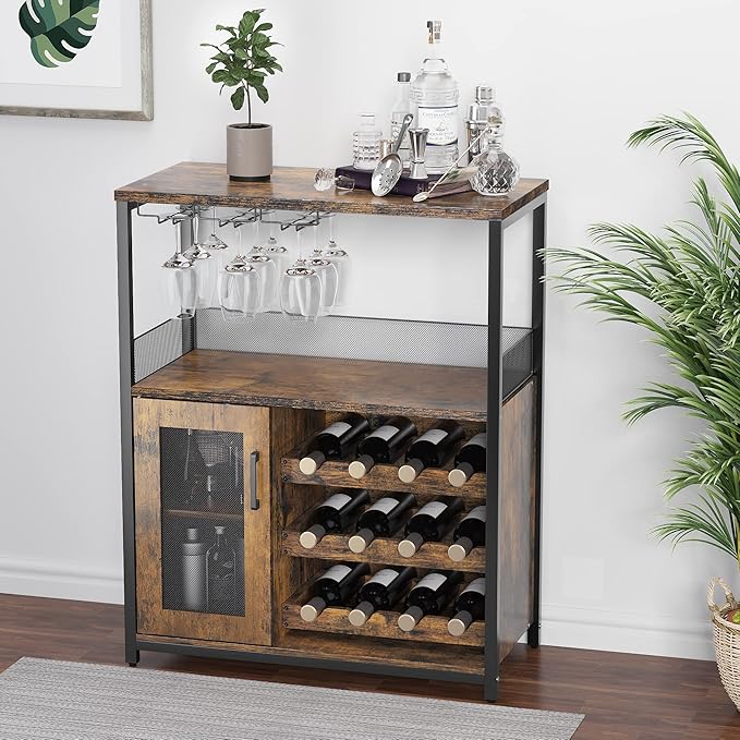 GarveeHome 3-Tier Wine Bar Cabinet with Detachable Wine Rack, Liquor Cabinet with Storage, Coffee Bar Cabinet with Glass Holder & Mesh Door, Sideboard Buffet Bar for Living Room, Dining Room, Brown