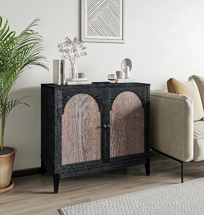 SANGO Arch 2-Door Accent Cabinet, Modern Black & Brown Storage Cabinet with Elegant Arched Doors, Adjustable Shelf, Sturdy Wooden Legs, Stylish Furniture for Living Room or Office Room