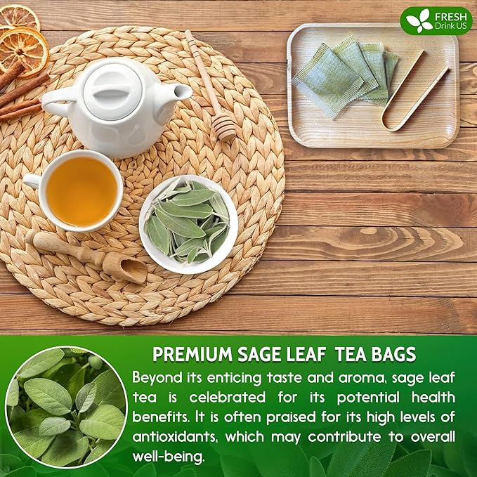 FreshDrinkUS, Premium 15 Sage Leaf Tea Bags, 100% Natural & Pure from Sage Leaves. Loose Leaf Herbal Tea. Made with Natural Material Tea Bags. No Sugar, No Caffeine, No Gluten, Vegan.