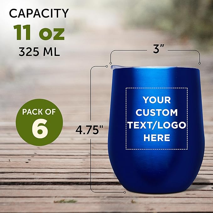 Custom Stemless Wine Glass Tumblers with Lids by Largo 11 oz. Set of 6, Personalized Bulk Pack - Perfect for Wine, Cocktails, Other Hot & Cold Beverages - Blue