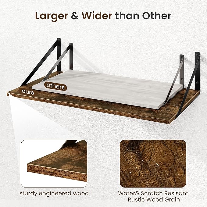 Fun Memories Floating Shelves for Wall, 12 Inch Deep Floating Shelves Set of 2, 36W x 12D Large Wall Shelf with Sturdy Metal Brackets for Living Room, Bathroom, Bedroom and Kitchen, Rustic Brown