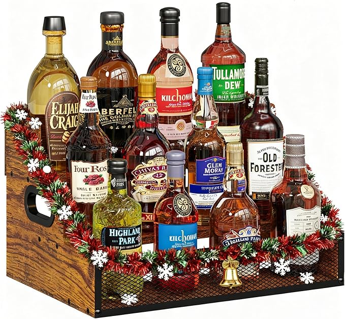 3-Tier Liquor Bottle Display Shelf, Countertop Liquor Wine Rack with Handle, Bar Bottle Display Shelves, Coffee Syrup Rack Organizer, Brown Liquor Display, Home Retro Bar Shelf Stand (Patent Pending)