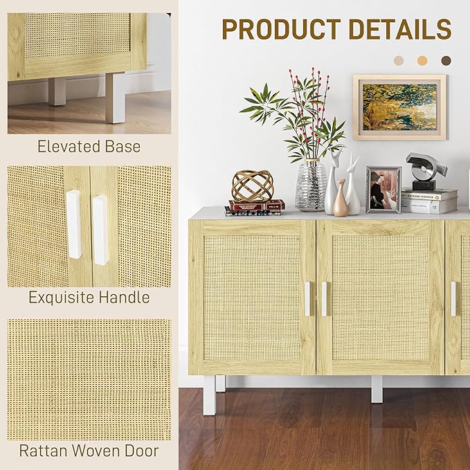 HOMCOM Boho Sideboard Buffet Cabinet, Coffee Bar Cabinet with 3 Rattan Doors and Adjustable Shelves for Kitchen, Living Room, White and Natural