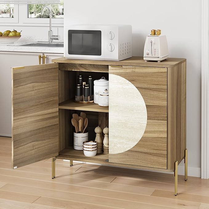 Modern Sideboard Buffet Cabinet, Wood Accent Cabinet with Faux Travertine Inlay & Gold Legs, Storage Cabinet for Dining Room, Living Room, Entryway