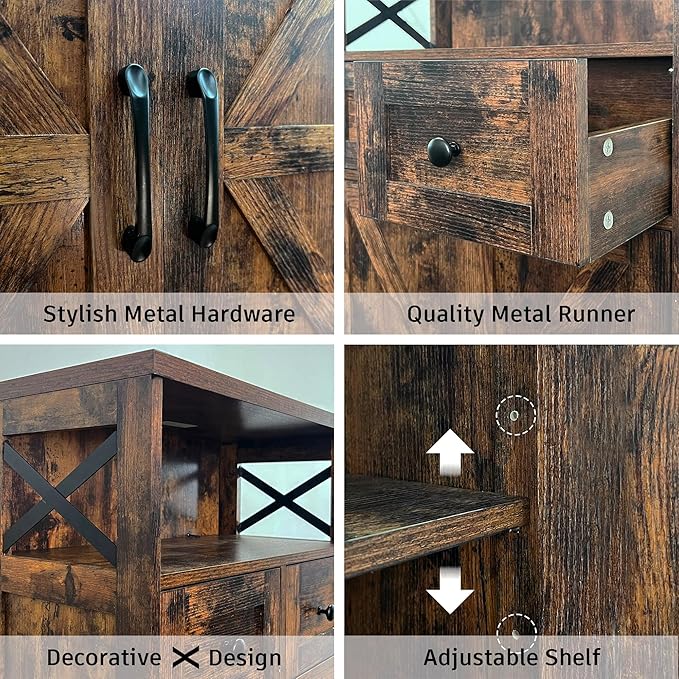 Farmhouse Storage Cabinet with Drawers and Shelves, Kitchen Pantry Storage Cabinet, Floor Hutch Cupboard for Dining Living Room Home Office, Rustic Brown