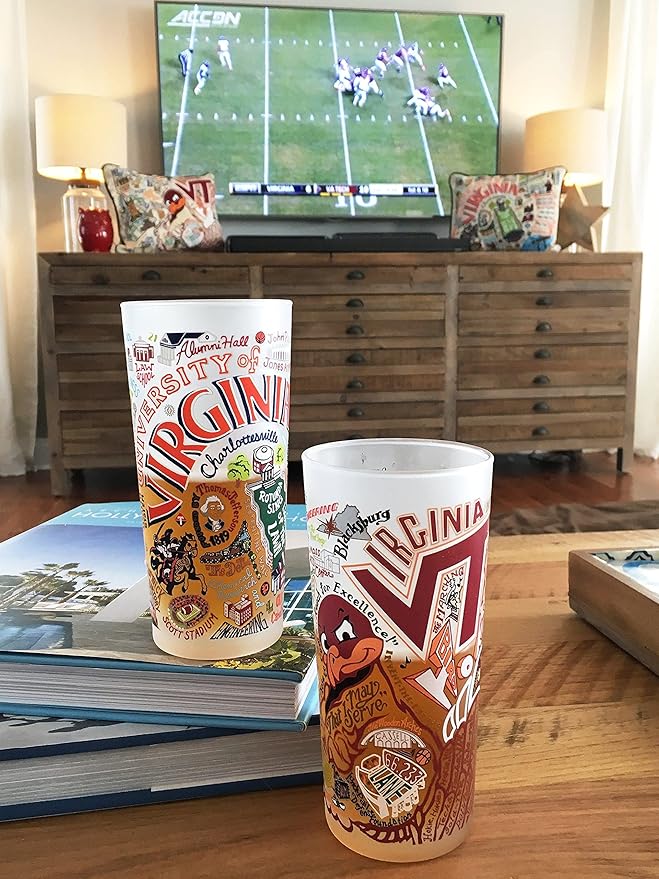 Catstudio Drinking Glass, University of Virginia Glass Cup for Kitchen, Drinking Glasses, 15oz Dishwasher Safe Tumbler for UVA Alumni