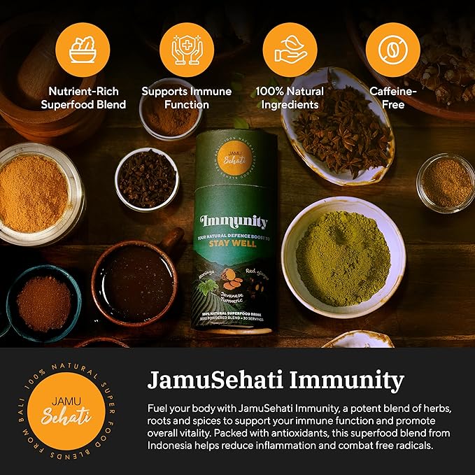 JAMUSEHATI Immunity, Natural Superfoods Blend from Bali, Containing Javanese Turmeric, Red Ginger, Moringa and Matcha, Cylinder (300g)