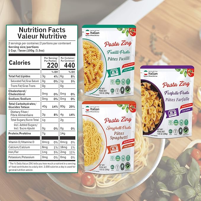 Pasta Zing Microwavable Variety Pasta Pack of 7 | 2x Farfalle | 3x Spaghetti, 2x Fusilli Pasta | Microwave Pasta Ready To Eat in 60 Sec - Fully Cooked -100% Durum Wheat 7.05 Ounce