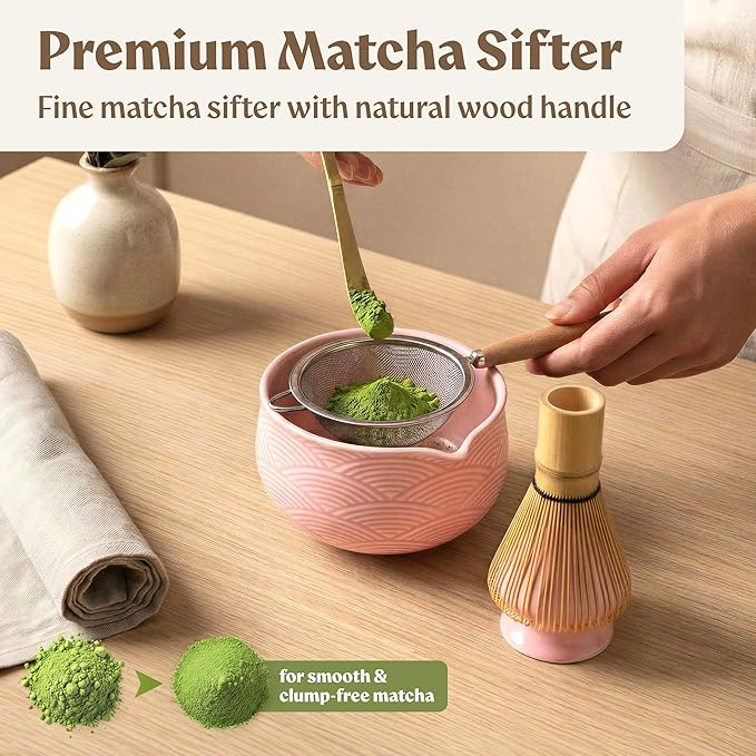 Matcha Kit Whisk Set (7 Pcs) - Complete Matcha Set, Matcha Bowl with Spout, Whisk with Holder, Bamboo Scoop with Rest and Sifter, Perfect Kit for Matcha Lovers (Sakura Pink)